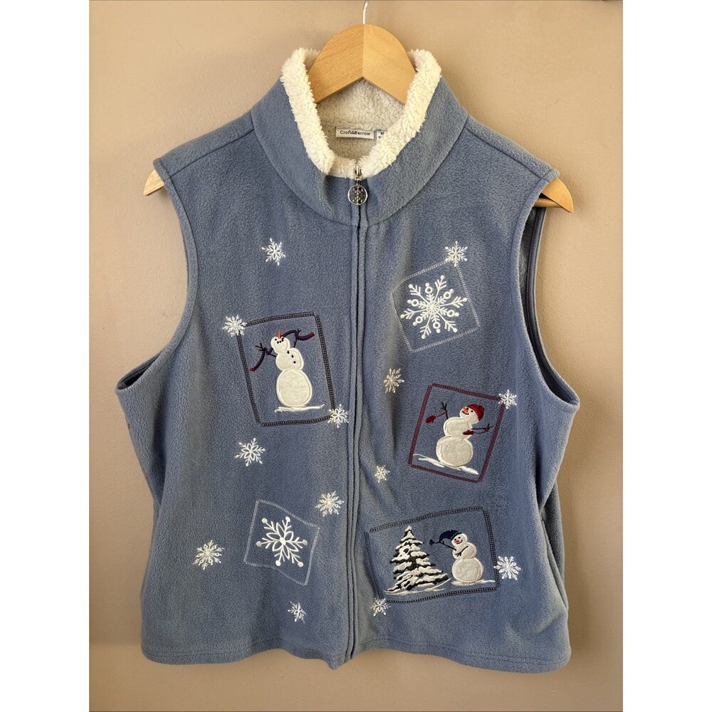 Croft & Barrow Fleece Vest Womens XL Blue Snowman Sherpa Collar Zip